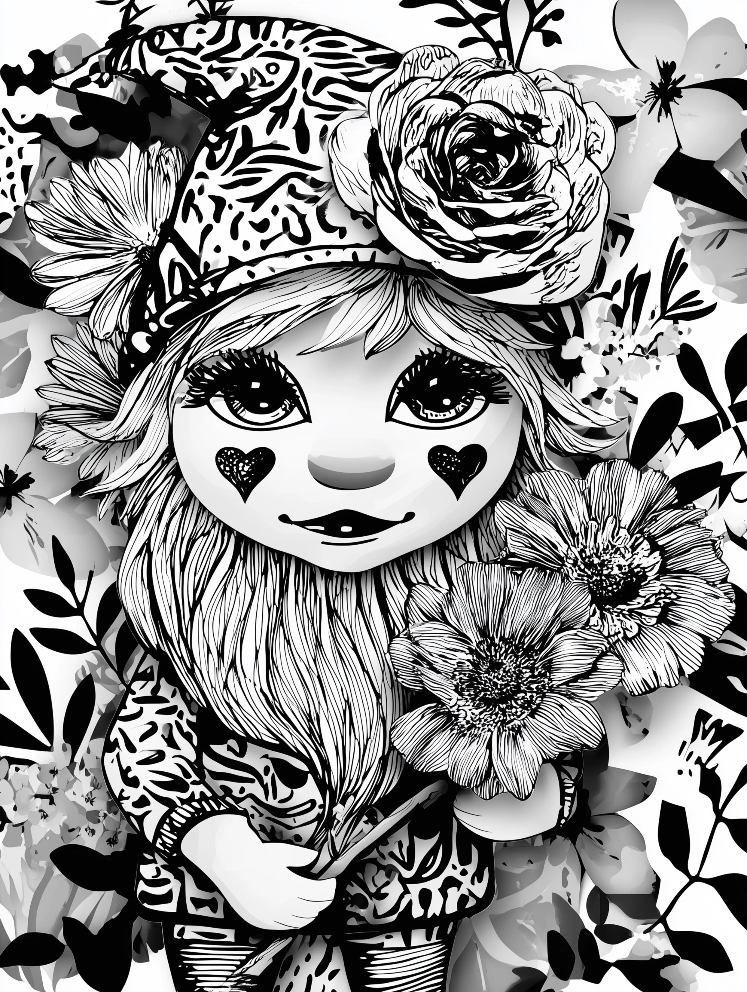 Free printable gnome coloring page for adults featuring a clown style gnome with flowers